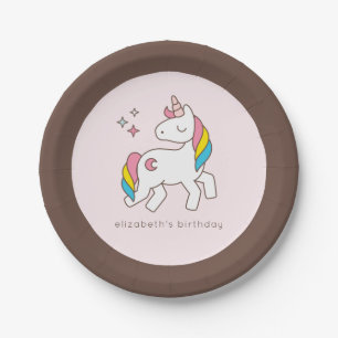 Modern Cute Rainbow Unicorn with Sparkles Birthday Paper Plate