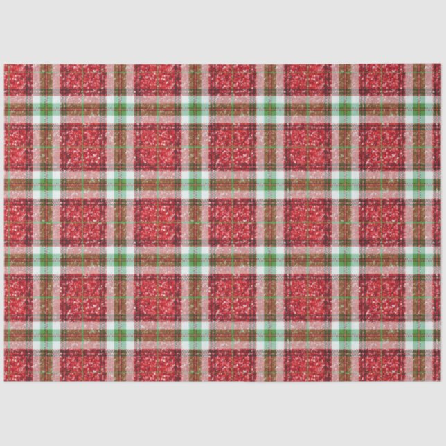 Modern Cute Red and Green Plaid Glitter Christmas Tissue Paper (Front)