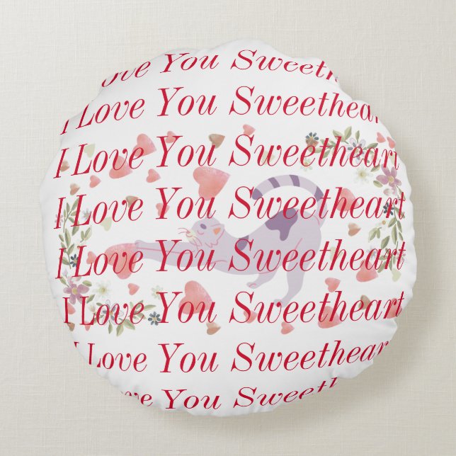 Modern Cute Red Calligraphy Print Cat Background Round Cushion (Back)
