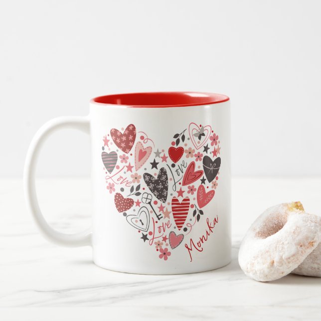 Modern Cute Red Hearts - Love Monogram Two-Tone Coffee Mug (With Donut)