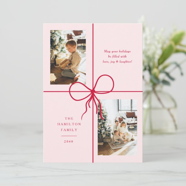 Modern Cute Red & Pink Bow Wrap 2 Photo Christmas Holiday Card (Standing Front)
