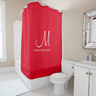 Modern Cute Red Solid Colour Template Family Name Shower Curtain