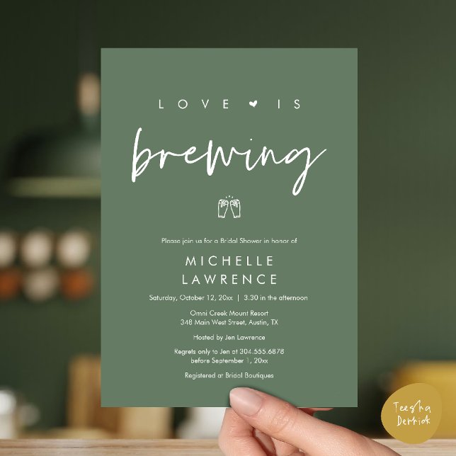 Modern Cute Romantic Beer Party Bridal Shower Invitation (Beer Party Bridal Shower, Love is brewing Invitation card modern romance sage green)