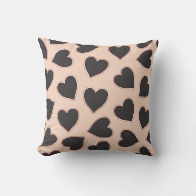 Modern Cute Rose Gold Black Hearts Pattern Blush Cushion (Front)