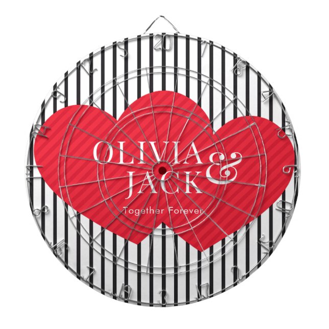 Modern Cute Rustic Two Hearts Black Line Valentine Dartboard (Front)