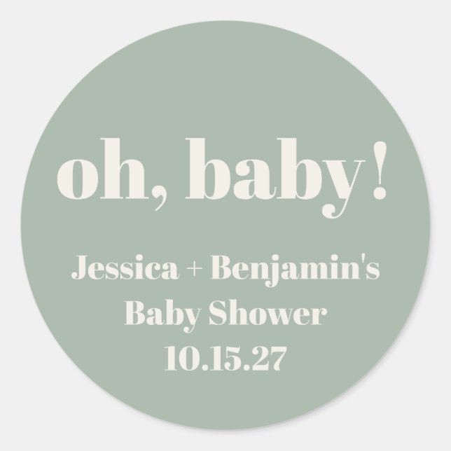 Modern Cute Sage Green Baby Shower Custom Name Classic Round Sticker (Front)