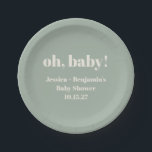 Modern Cute Sage Green Baby Shower Custom Name Paper Plate<br><div class="desc">Modern Cute Sage Green Baby Shower Custom Name Paper Plates</div>