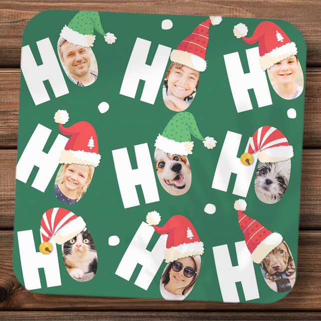 Modern Cute Santa Hats Nine Family Photos Square Sticker (Creator Uploaded)