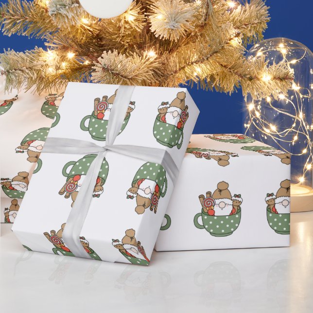 Modern cute Santa in a mug Christmas green brown Wrapping Paper (Holidays)