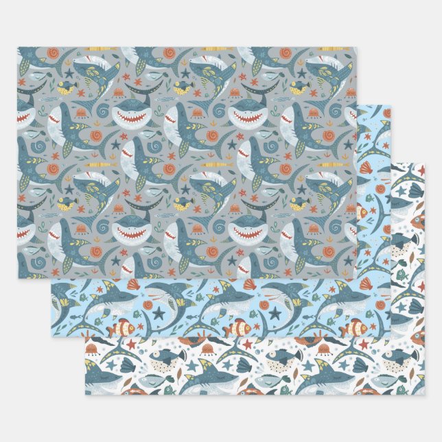 Modern Cute Shark First Second Birthday Favours Wrapping Paper Sheet (Set)