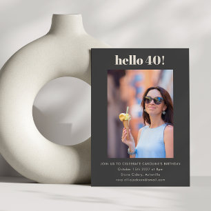 Modern Cute Simple Black 40th Birthday Party Photo Invitation