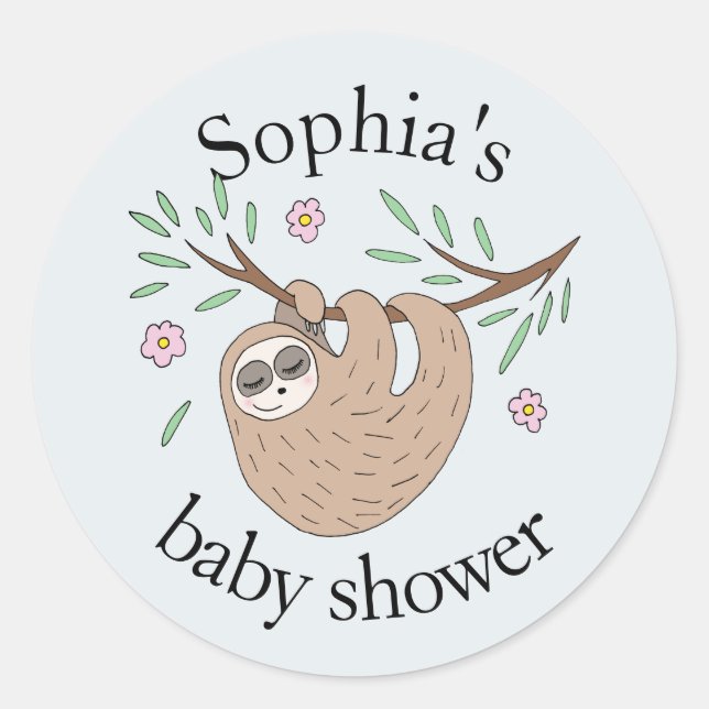Modern Cute Sleeping Sloth Animal Name Baby Shower Classic Round Sticker (Front)