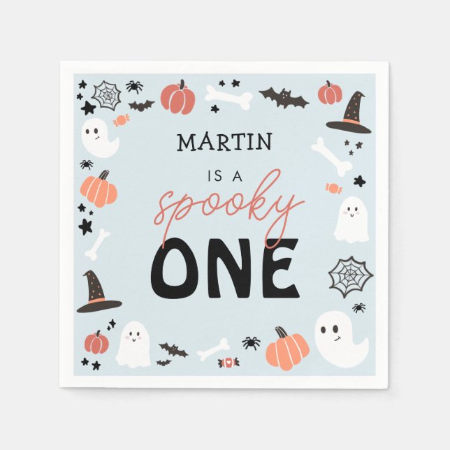 Modern Cute Spooky One Halloween Boy 1st Birthday Napkin (Front)