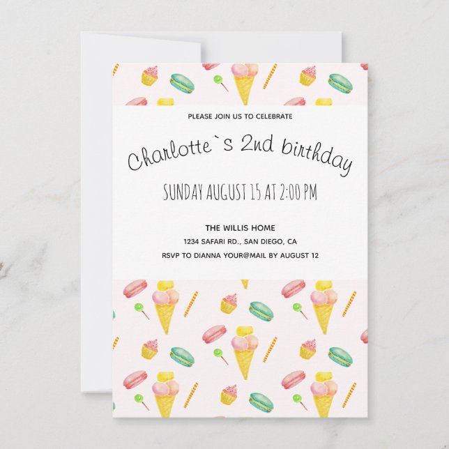Modern Cute Summer Candy Party Watercolor Pattern Announcement (Front)