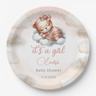 Modern cute teddy bear blush pink girl baby shower paper plate