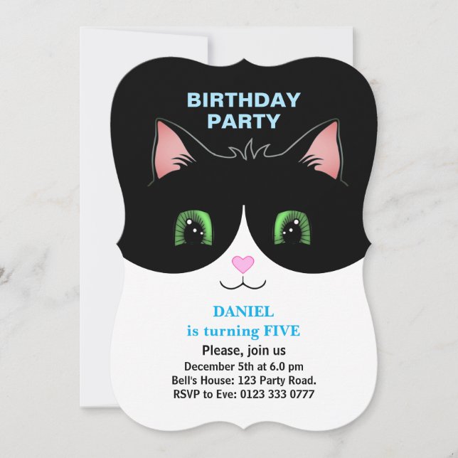Modern Cute Tuxedo Cat Boy Birthday Invitation (Front)