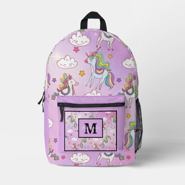 Modern Cute Unicorn and Rainbow Purple Monogram Printed Backpack (Front)