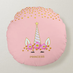 Modern, Cute Unicorn, Flowers & Gold Confetti Round Cushion