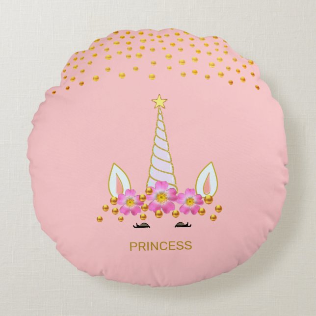 Modern, Cute Unicorn, Flowers & Gold Confetti Round Cushion (Front)