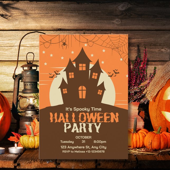 Modern Cute Vibrant Orange Haunted House Spooky  Invitation (Creator Uploaded)