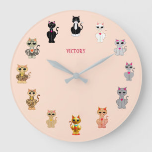 Modern Cute Victory Cartoon Cats Large Clock