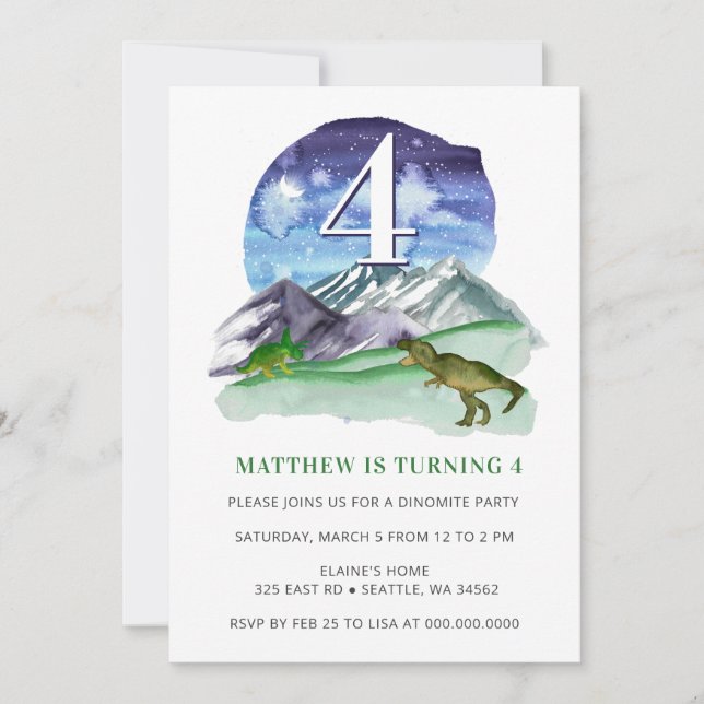 Modern Cute Watercolor Dinosaur Green Birthday Invitation (Front)