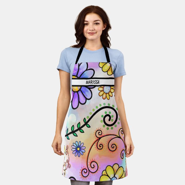 Modern Cute Watercolor Floral Name  Apron (Worn)