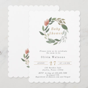 Modern Cute Watercolor Floral Wreath Baby Shower Invitation