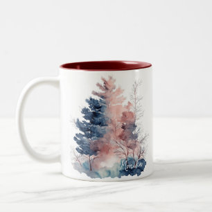 Modern Cute Watercolor Forest in Blue & Pink Two-Tone Coffee Mug