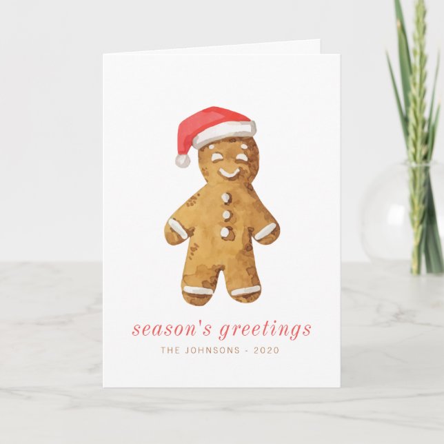 Modern Cute Watercolor Gingerbread Man Holiday Card (Front)