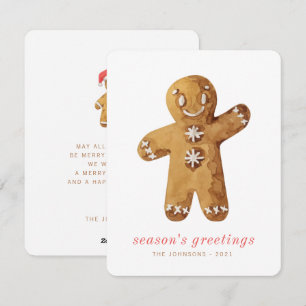 Modern Cute Watercolor Gingerbread Man Holiday Card