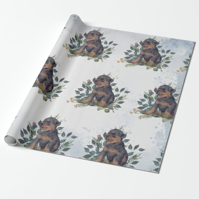 Modern Cute Watercolor Puppy Dog Floral Wrapping Paper (Unrolled)