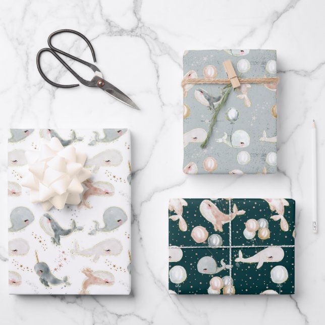 Modern Cute Whale Animals Birthday Baby Shower Wrapping Paper Sheet (Front)