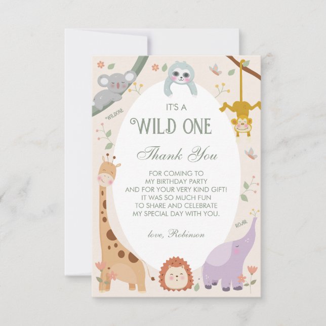Modern Cute Wild One Safari Animals 1st Birthday Thank You Card (Front)
