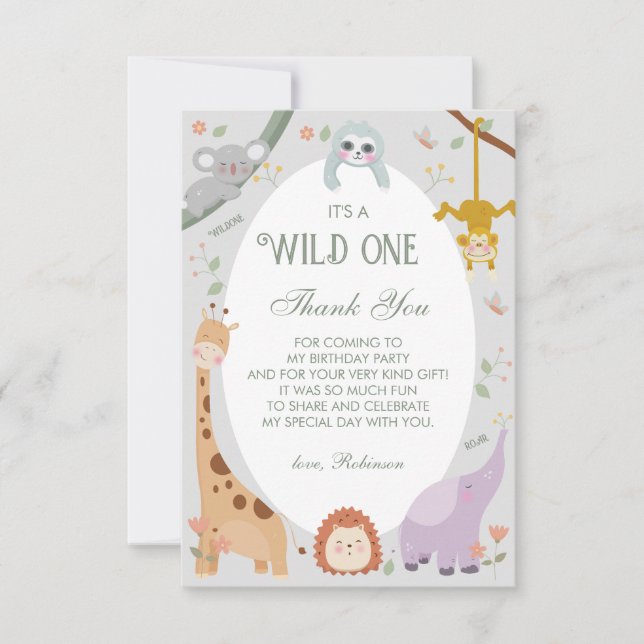 Modern Cute Wild One Safari Animals 1st Birthday Thank You Card (Front)