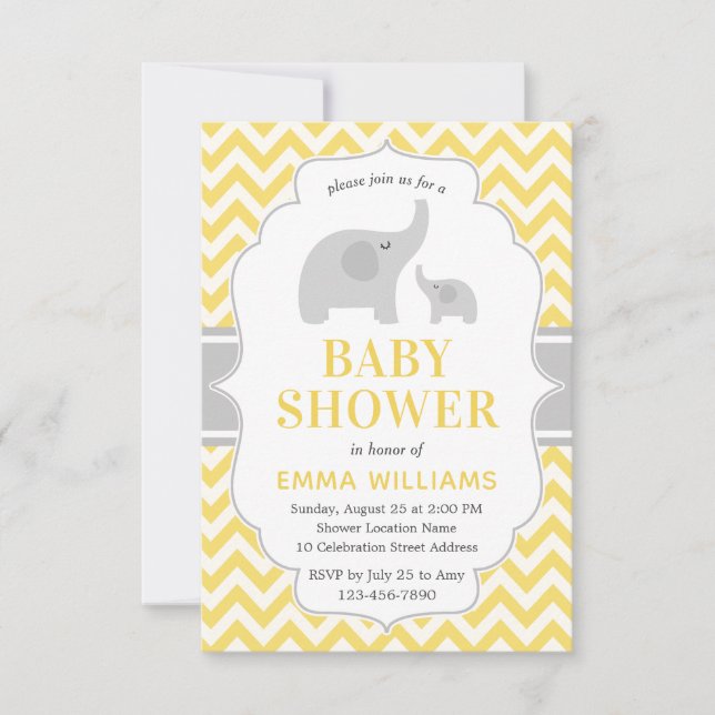 Modern Cute Yellow Grey Elephant Baby Shower Invitation (Front)