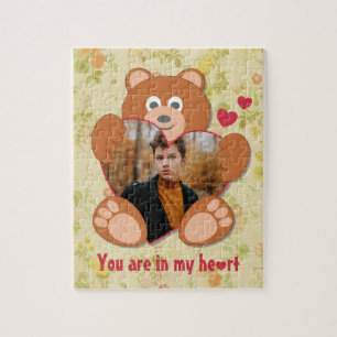 Modern Cute Yellow Teddy Bear Heart Photo Frame  Jigsaw Puzzle