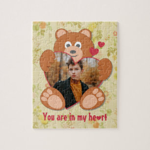 Modern Cute Yellow Teddy Bear Heart Photo Frame Jigsaw Puzzle