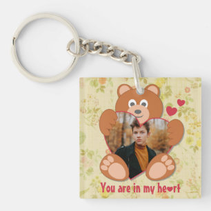 Modern Cute Yellow Teddy Bear Heart Photo Frame  Key Ring