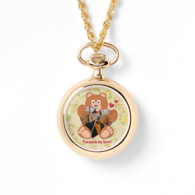 Modern Cute Yellow Teddy Bear Heart Photo Frame  Watch (Front)