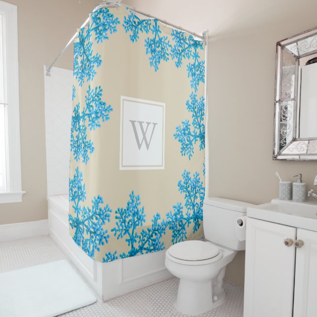 Modern Cyan Blue Flower Buds & Taupe | Monogram Shower Curtain (In Situ)