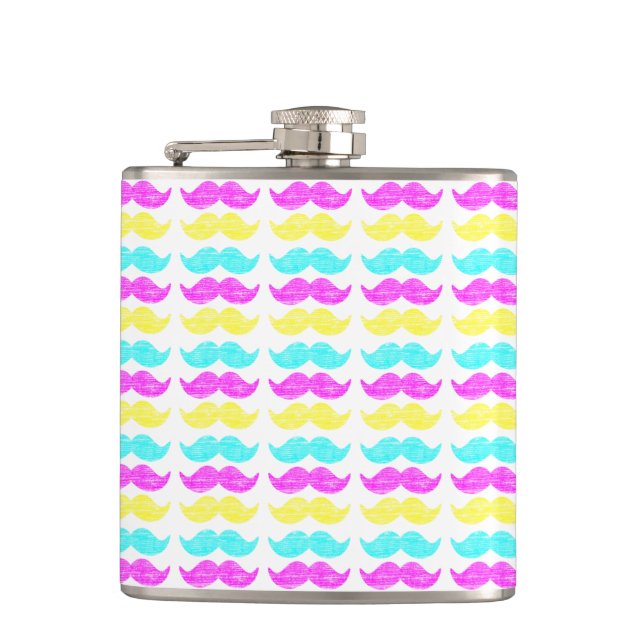 Modern Cyan Magenta Moustache Pattern Hip Flask (Front)