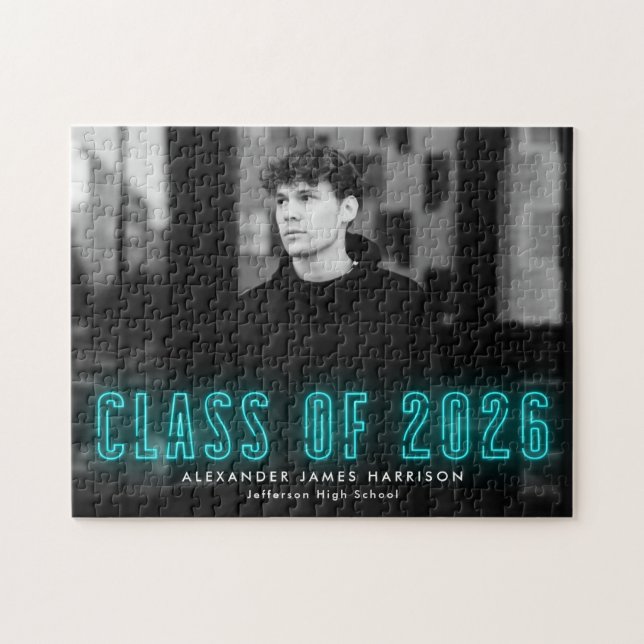 Modern Cyan Neon Class of 2025 Graduation Photo Jigsaw Puzzle (Horizontal)
