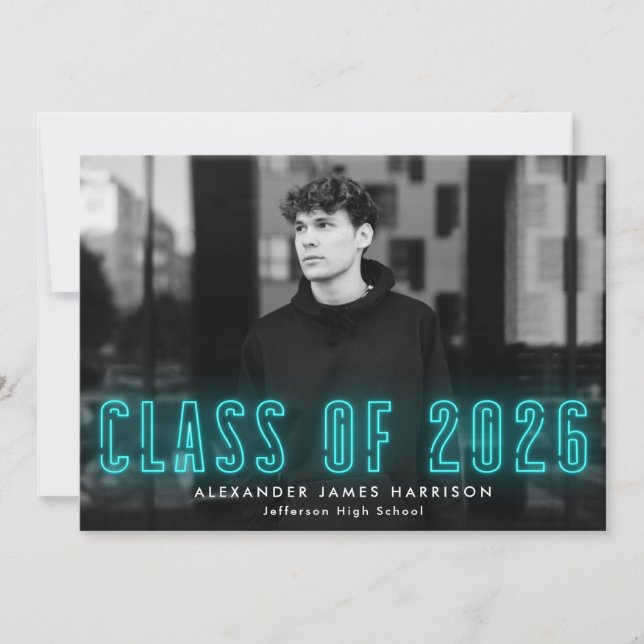 Modern Cyan Neon Class of 2025 Photo Graduation Announcement (Front)