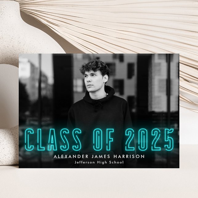Modern Cyan Neon Class of 2025 Photo Graduation Announcement (Creator Uploaded)