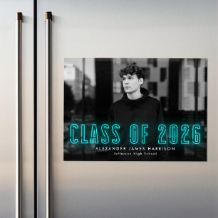 Modern Cyan Neon Class of 2025 Photo Graduation Magnetic Invitation