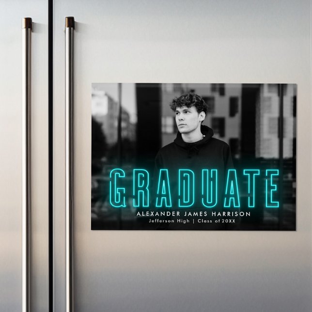 Modern Cyan Neon Photo Graduation Announcement (Creator Uploaded)