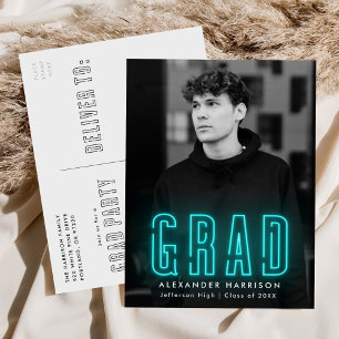 Modern Cyan Neon Photo Graduation Party Invitation Postcard