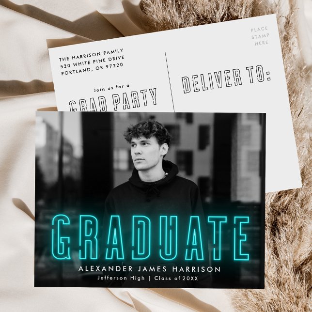 Modern Cyan Neon Photo Graduation Party Invitation Postcard (Creator Uploaded)