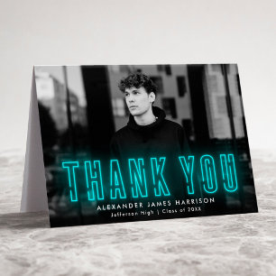 Modern Cyan Neon Photo Graduation Thank You Card